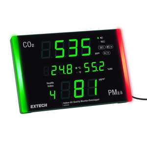 Medidor Registrador de la Calidad del Aire en Interiores Muestra PM2.5 CO2 e índice de Salud